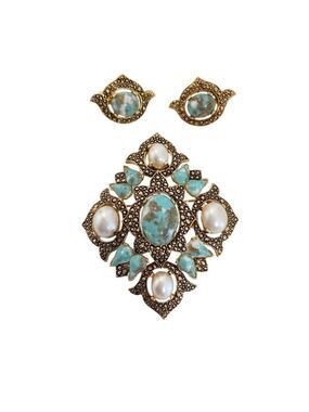 Vintage Sarah Coventry Turquoise & Pearl Clip-On Earrings With Matching Brooch